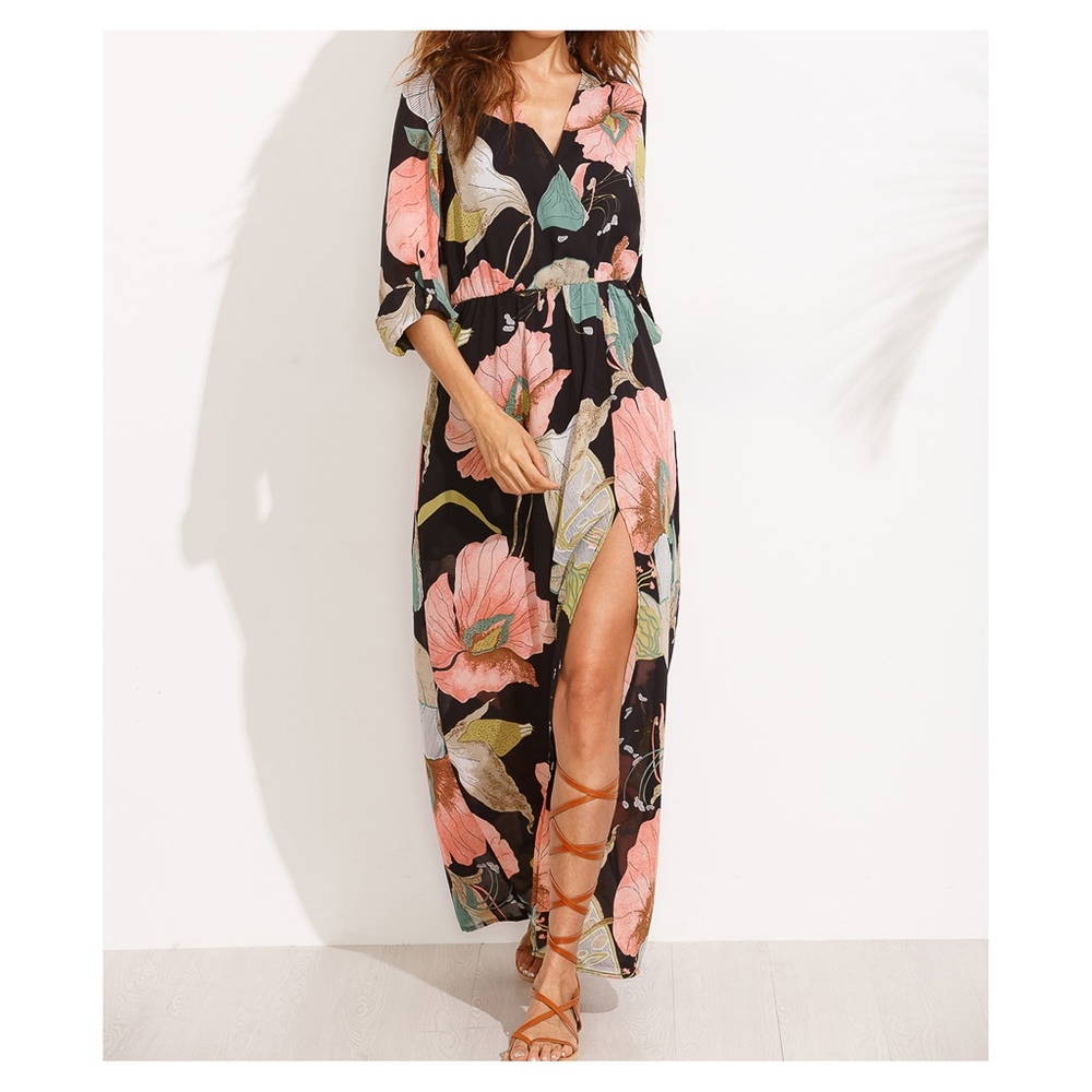 Black Floral Long Sleeve Maxi Dress - Picture 4 of 4